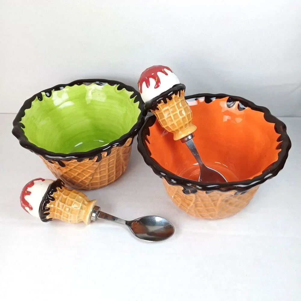 VTG Ice Cream Cone Handle Stainless Steel Spoons And Waffle Cone‎ Bowls Set